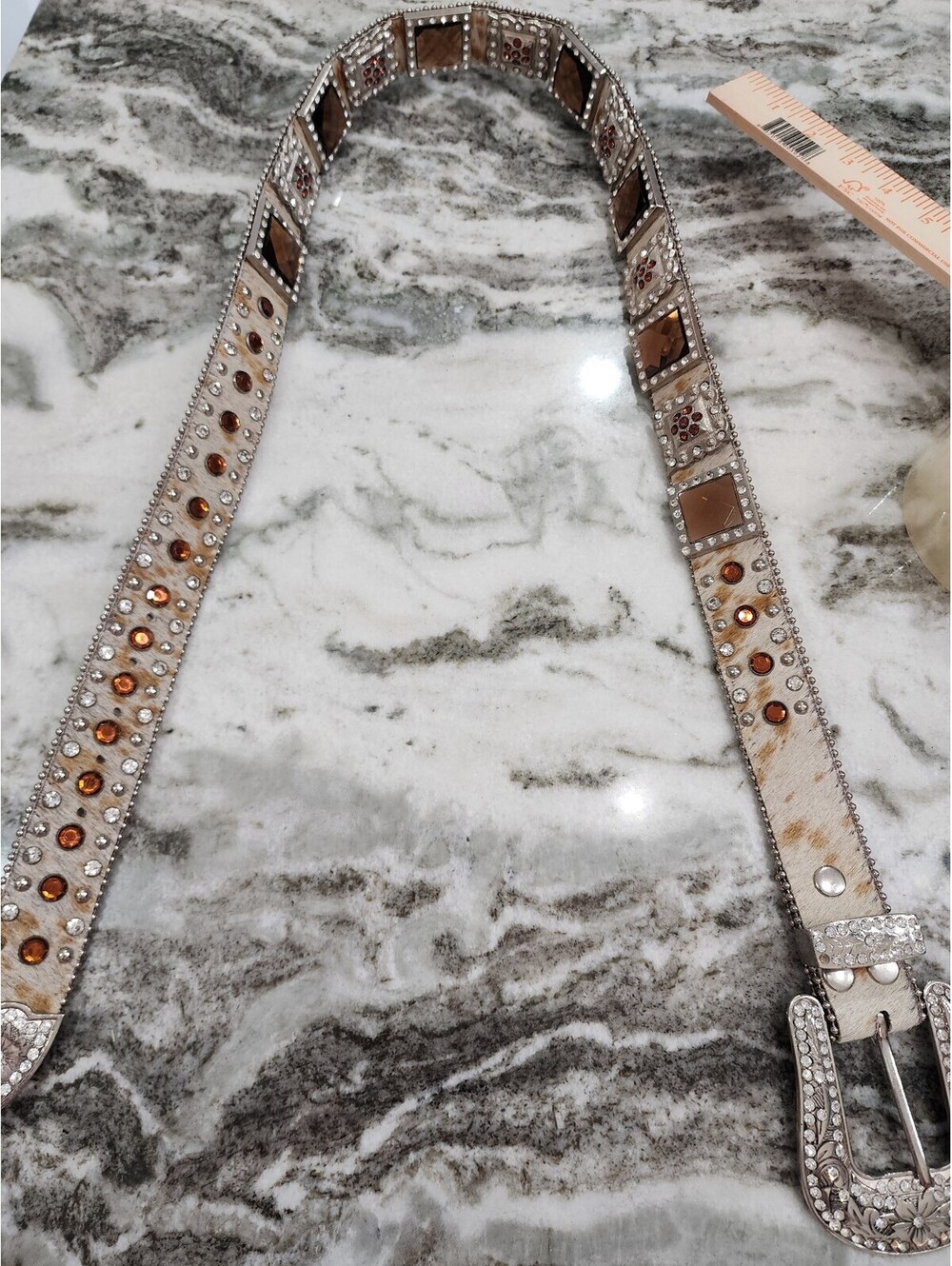 Western Style Belt with Brown and Amber Gemstone Accents and Silver Stud Detal